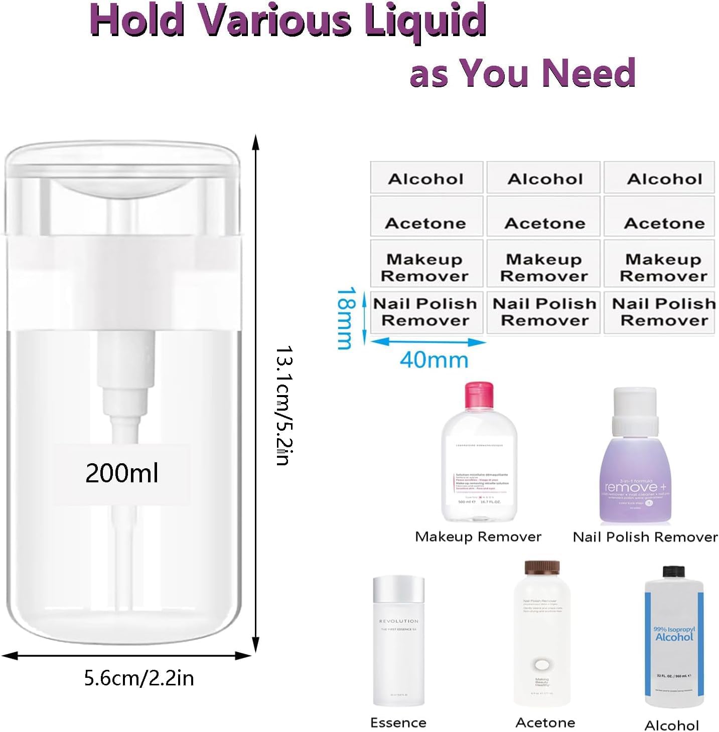 Moonlik 3Pack Acetone Dispenser, Push Down Pump Dispenser Nail Polish Remover Alcohol Bottle with Labels Empty Travel Container with Label for Makeup Liquid Jar 6.7oz/200ML