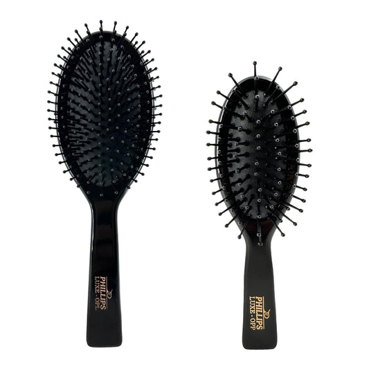 Phillips Brush Luxe Series Oval Paddle Hairbrush Combo Pack – Full Sized 9.25 inch Detangler + 7 inch Purse Size Travel Detangler, Sleek Black Color with Gold Accents