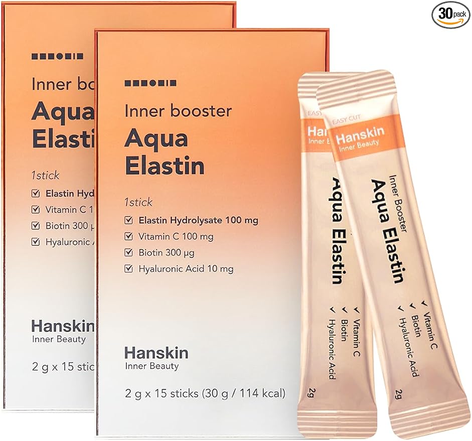 Hanskin Aqua Elastin Hyaluronic Acid Powder Packets for Hair, Skin, Wrinkles & Nails | Biotin, Vitamin C, Hyaluronic Acid | Nutritional Supplement for Healthy Skin, 2g x 30 Individual Sticks