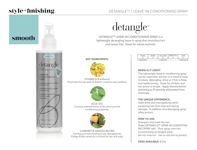Brocato Detangle Leave In Conditioner Spray: Hair Detangler & Conditioning Spray for Women to Smooth Hair, Tame Frizz & Provide Sun & Heat Protection - Detangling Products for All Hair Types - 8.5 Oz
