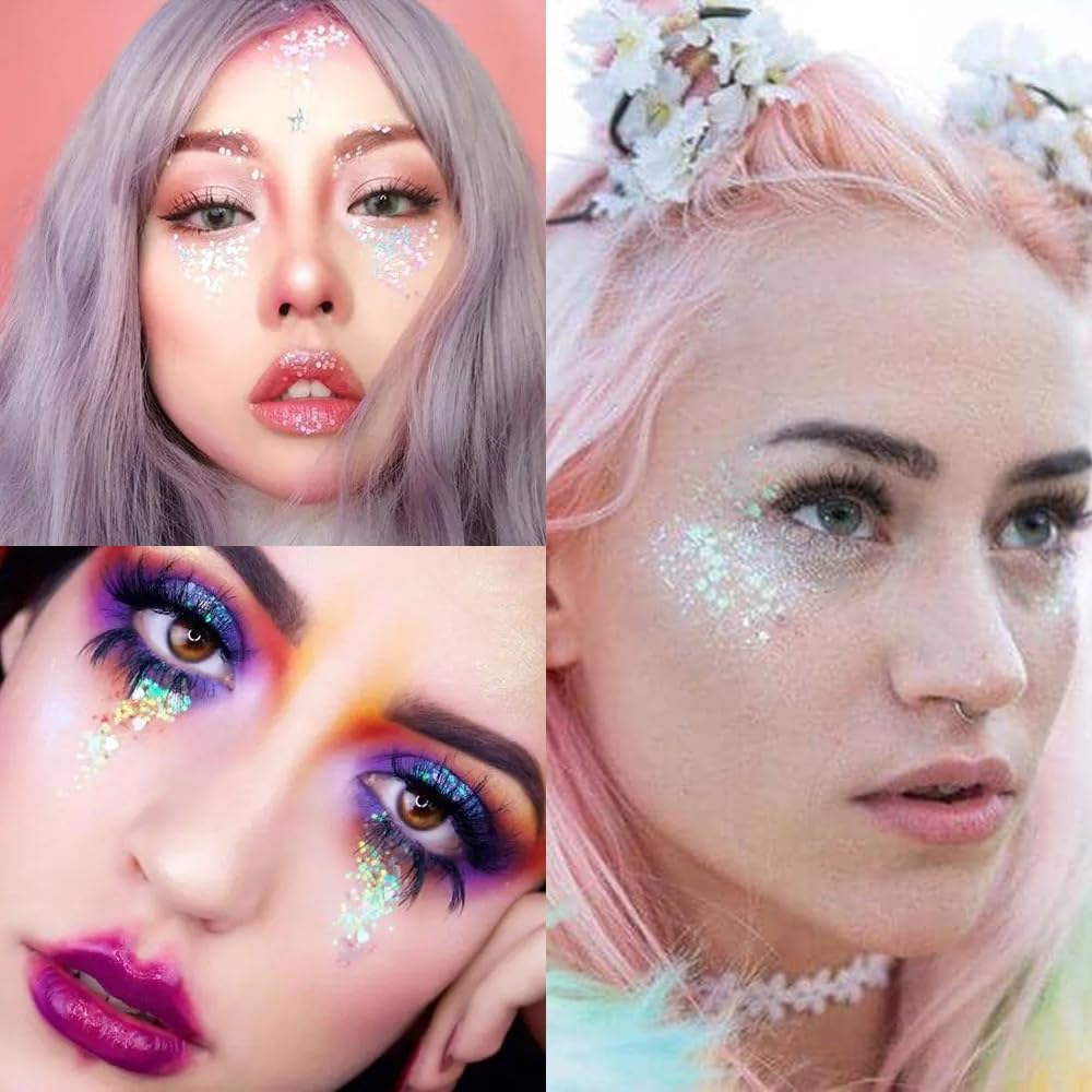 Mysense Iridescent White Body Glitter Gel, Mermaid Face Glitter Makeup, Concert Music Festival Rave Accessories for Face Eye Hair, Sparkling Glitter Face Paint for Women, 30g