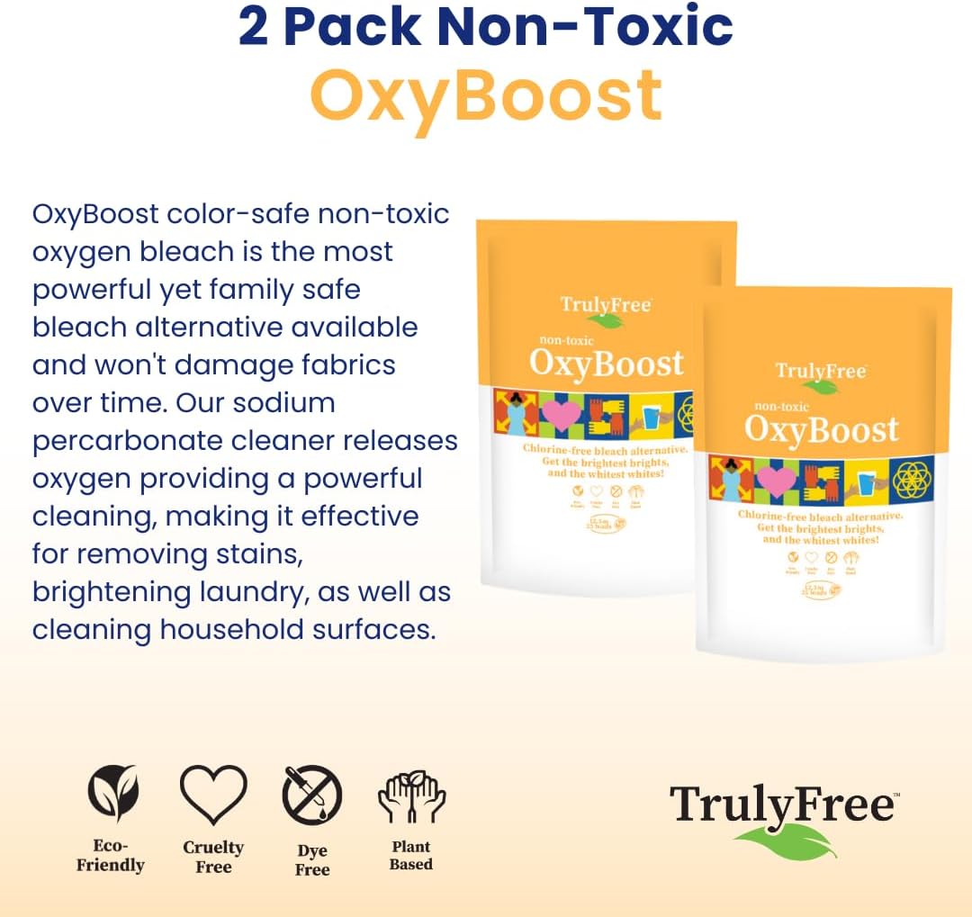 Truly Free OxyBoost - Oxygen Whitener & Clothes Stain Remover Laundry Detergent Powder with Sodium Percarbonate - Brightens Whites & Safe for Colors - Non-Chlorine, Gentle Yet Powerful - Pack of 2