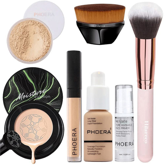 PHOERA Mushroom Head Air Cushion CC Cream Natural Foundation Set, Concealer, Primer, Powder, Foundation Brushes (104 Buff Beige+ 04 Buff Beige CC)