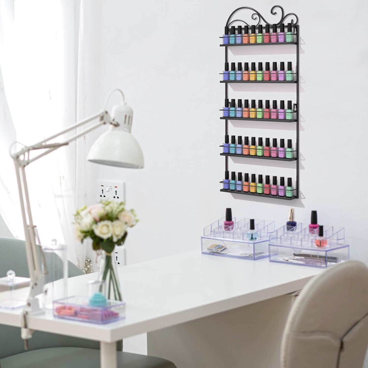 ERYTLLY Wall Mounted Nail Polish Rack, Rectangle Nail Storage Organizer, Salon Shelf Organizer (Black)