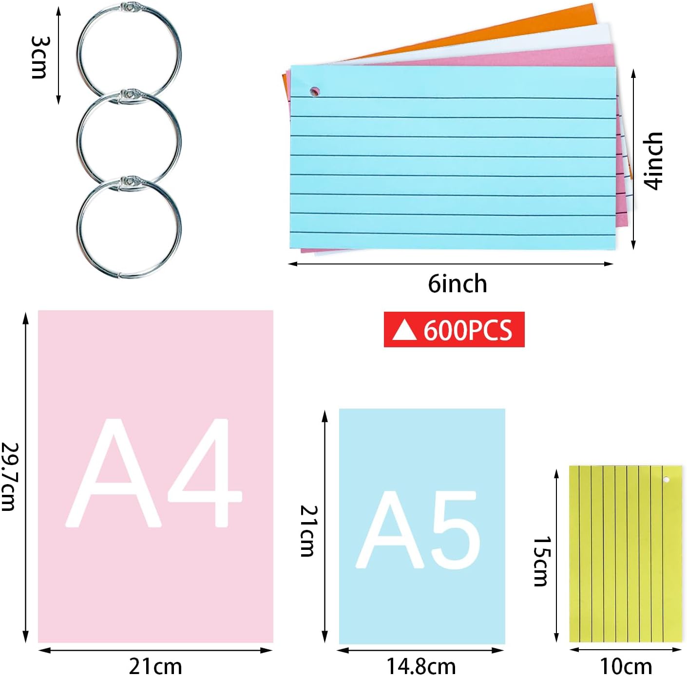 TFLFL Index Cards 4x6 Inch, 600PCS Flash Cards with Rings 8 Colors Ruled Index Cards, Assorted Lined Colored Flashcards, Thin Note Cards Paper, Study Card Memo Scratch Pad for Home Office School