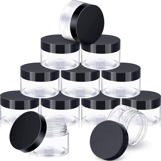 SATINIOR 12 Pack 1 oz Plastic Container Jars with Lids Round Clear Travel Cosmetic Container Jars for Toiletries, Lotion, Cream, Ointments, Makeup, Rhinestone, Samples, Kitchen Storage, Black