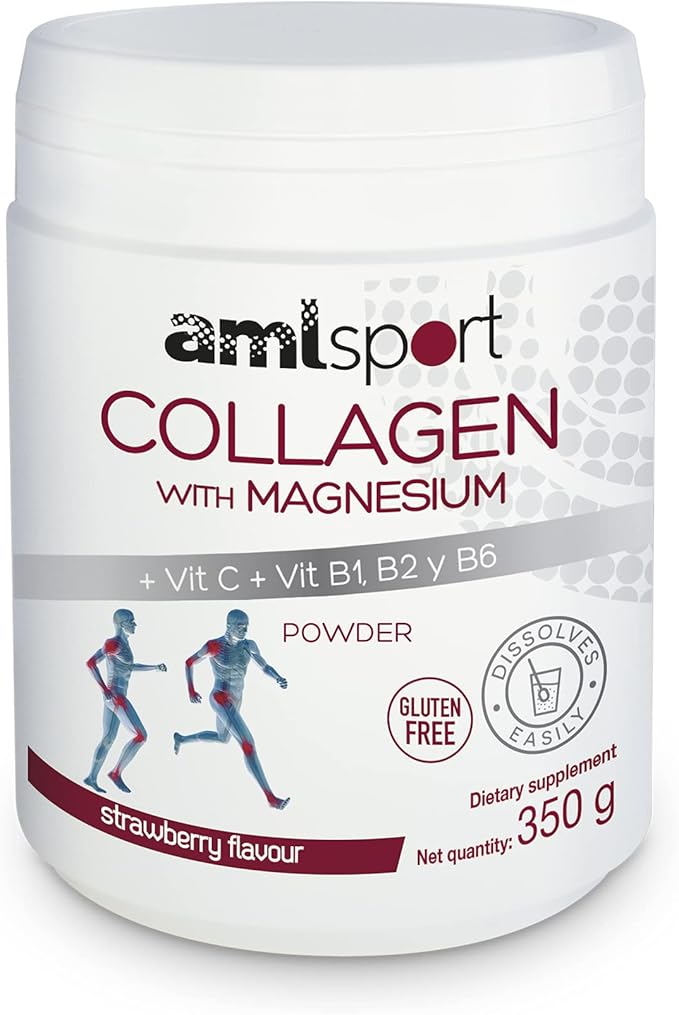 AML Sport - Collagen with Magnesium + VIT C, B1, B2 and B6 Powder - 350g (Strawberry Flavour). Tissue Regenerator with Type 1 &2 Collagen. Gluten Free. Sugar Free