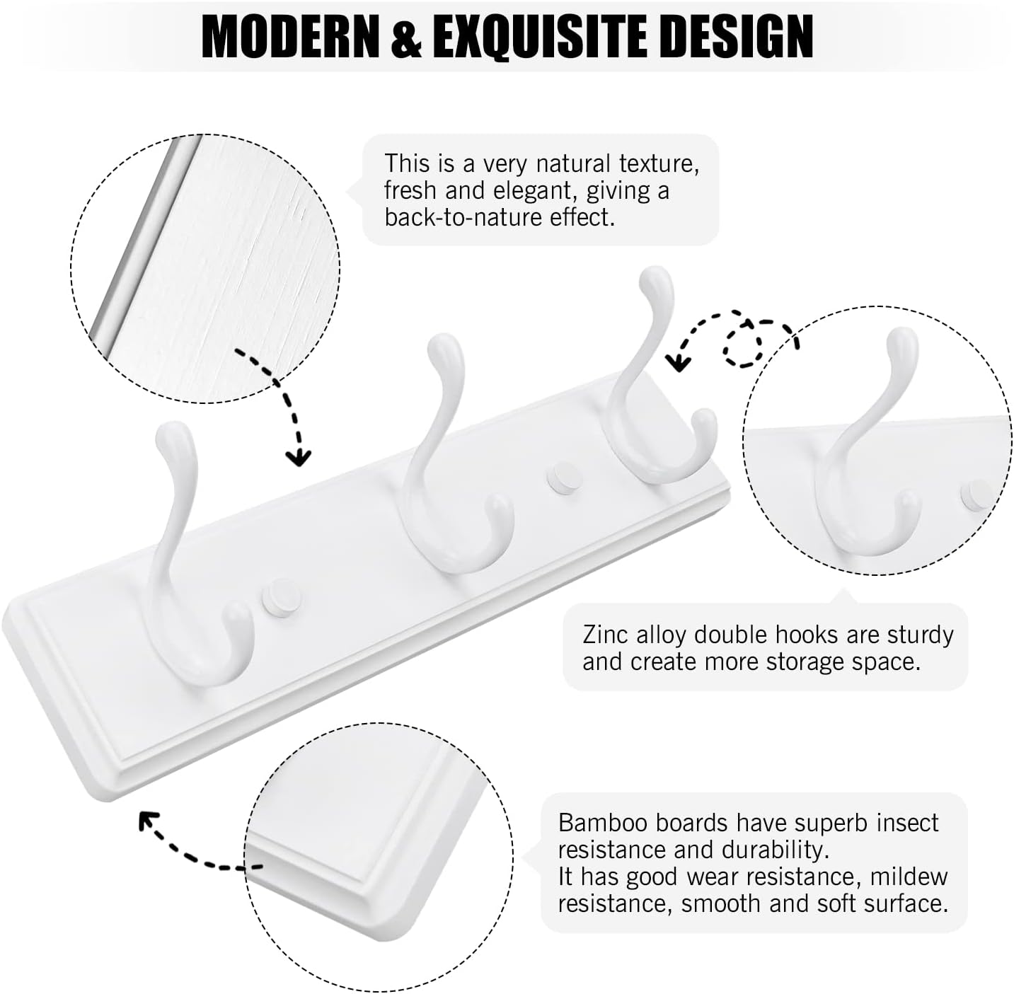 Wooden Coat Rack, Wall-Mounted Organizer for Closet, Entryway, Hallway, Foyer, Bedroom, Heavy Duty Double Hooks for Hanging Towels, Bags, Hats, Jackets, Key (White, 3 Hooks)