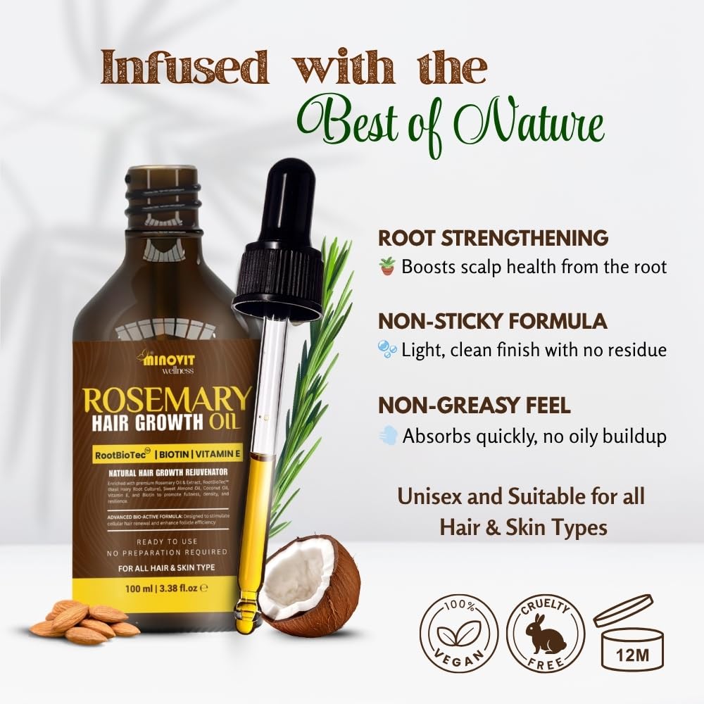 Rosemary Oil For Hair Growth (3.4 Fl Oz) Infused With Biotin, Vitamin E, Almond Oil & Coconut - Hair Strengthening, Nourishing & Volumizing
