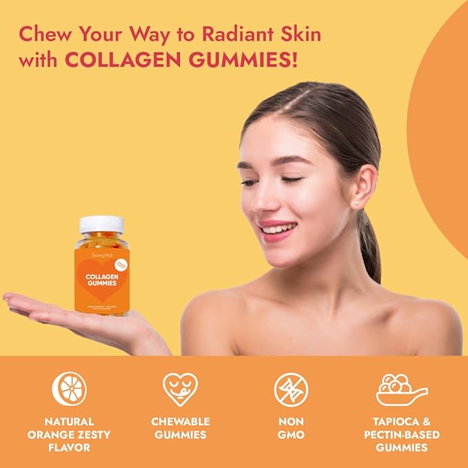 SkinnyMint Collagen Gummies Supplement for Healthy Skin, Nails & Hair Support, Gluten Free Collagen Chewable Gummies for Men & Women, Natural Orange Flavor -60 Count(180G)- 1 Month Supply