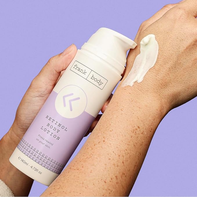 frank body Retinol Body Lotion | Vegan, Cruelty Free Anti-Aging Body Moisturizer | Reduce Appearance of Fine Lines & Hyperpigmentation with Retinol, Peptides & Berry Extracts | 4.73 fl oz / 140 mL