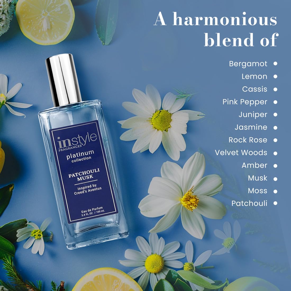 Instyle Fragrances, Platinum Collection, Patchouli Musk, Inspired by Creed's Aventus, Men’s Eau de Parfum, CLEAN, Vegan, Paraben-Free, Phthalate-Free, Never Tested on Animals, 3.4 Fluid Ounces