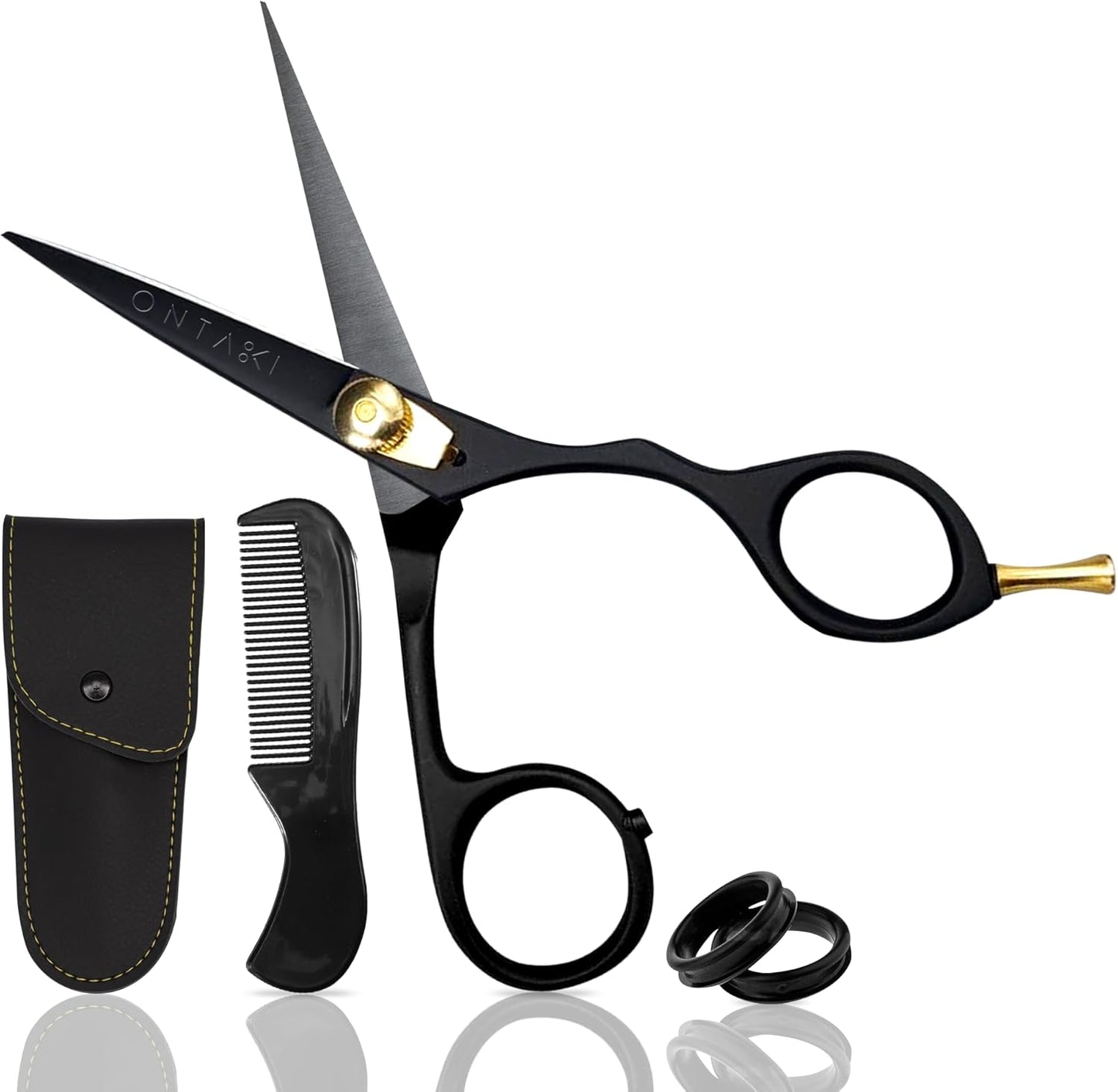 Ontaki Japanese Steel Beard Scissors for Men - 5.5" Ergonomic Black, Right-Handed - Scissors & Comb Travel Set, Beard Grooming Kit with Mustache Comb & Carry Pouch, Blunt-Tip Facial Hair Shears