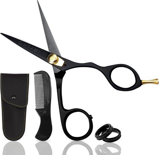Ontaki Japanese Steel Beard Scissors for Men - 5.5" Ergonomic Black, Right-Handed - Scissors & Comb Travel Set, Beard Grooming Kit with Mustache Comb & Carry Pouch, Blunt-Tip Facial Hair Shears