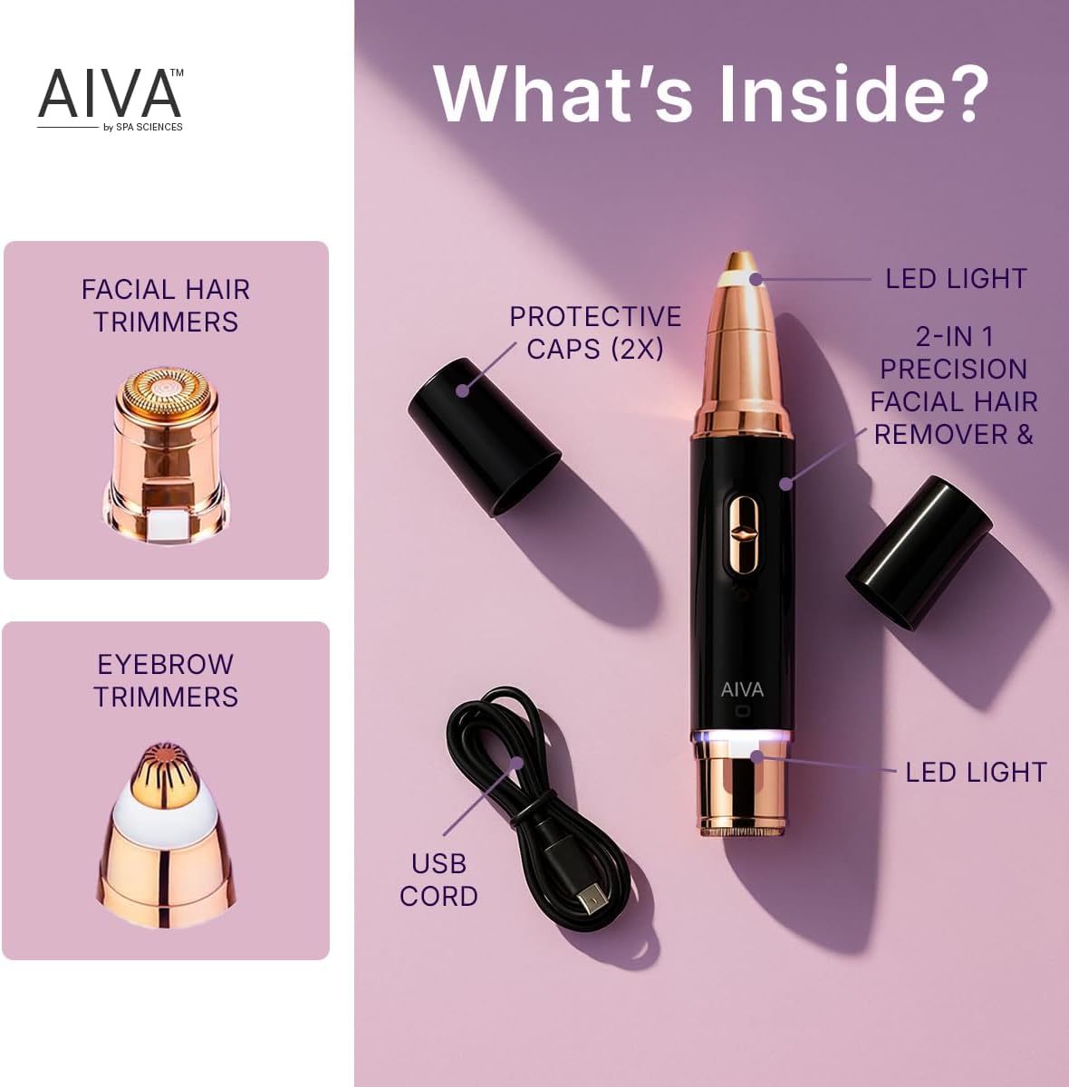 SPA SCIENCES AIVA: 2-in-1/Double Sided Facial Hair Remover & Eyebrow Trimmer USB Rechargeable with Built-in LED Lights