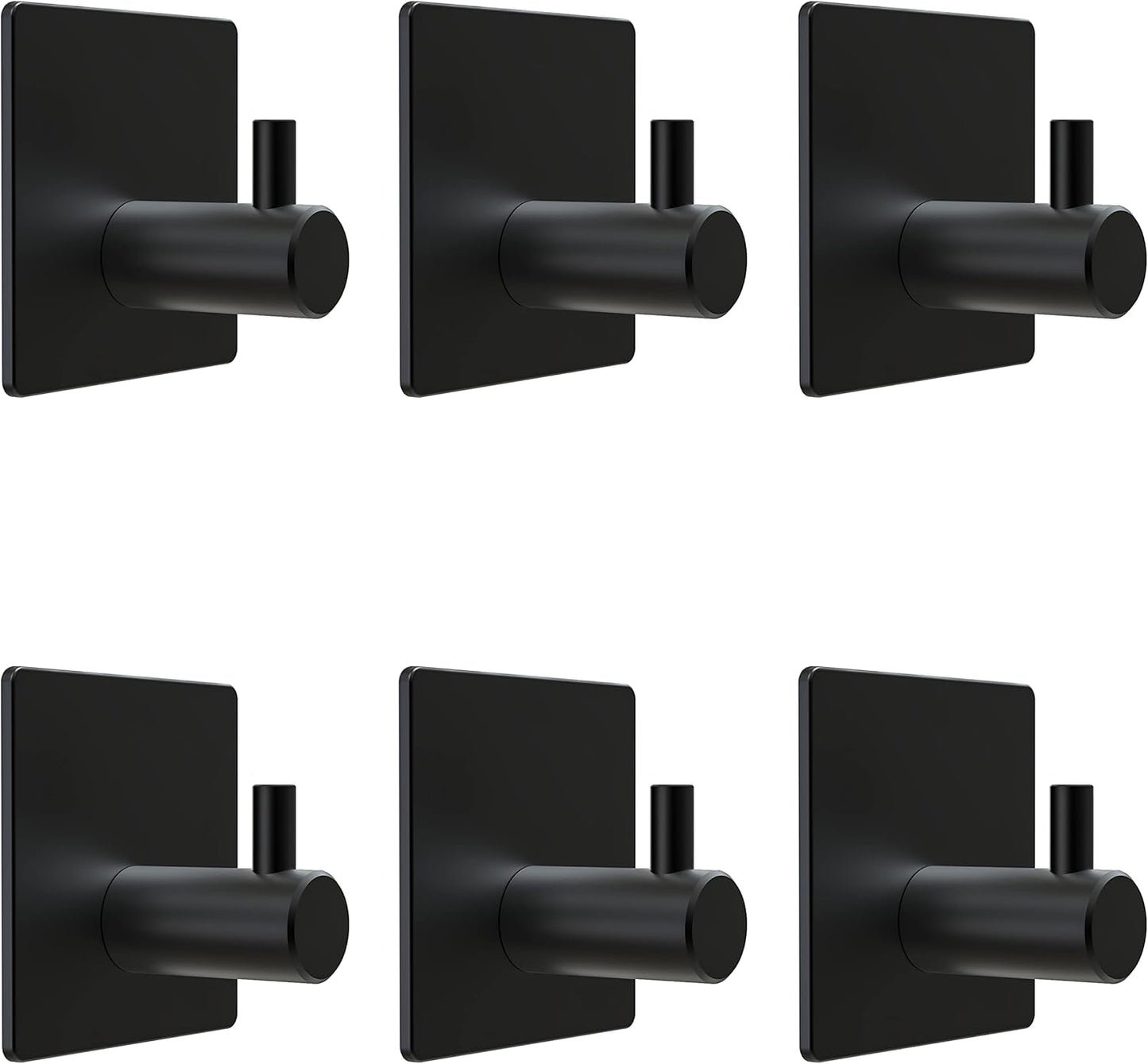 Matte Black Self Adhesive Towel Hooks for Bathroom Wall Door Mounted - SUS304 Stainless Steel Strong Strips Stick on 3M Wall Hooks for Hanging Coat, Hat, Bag, Key, Jacket – 6 Pack