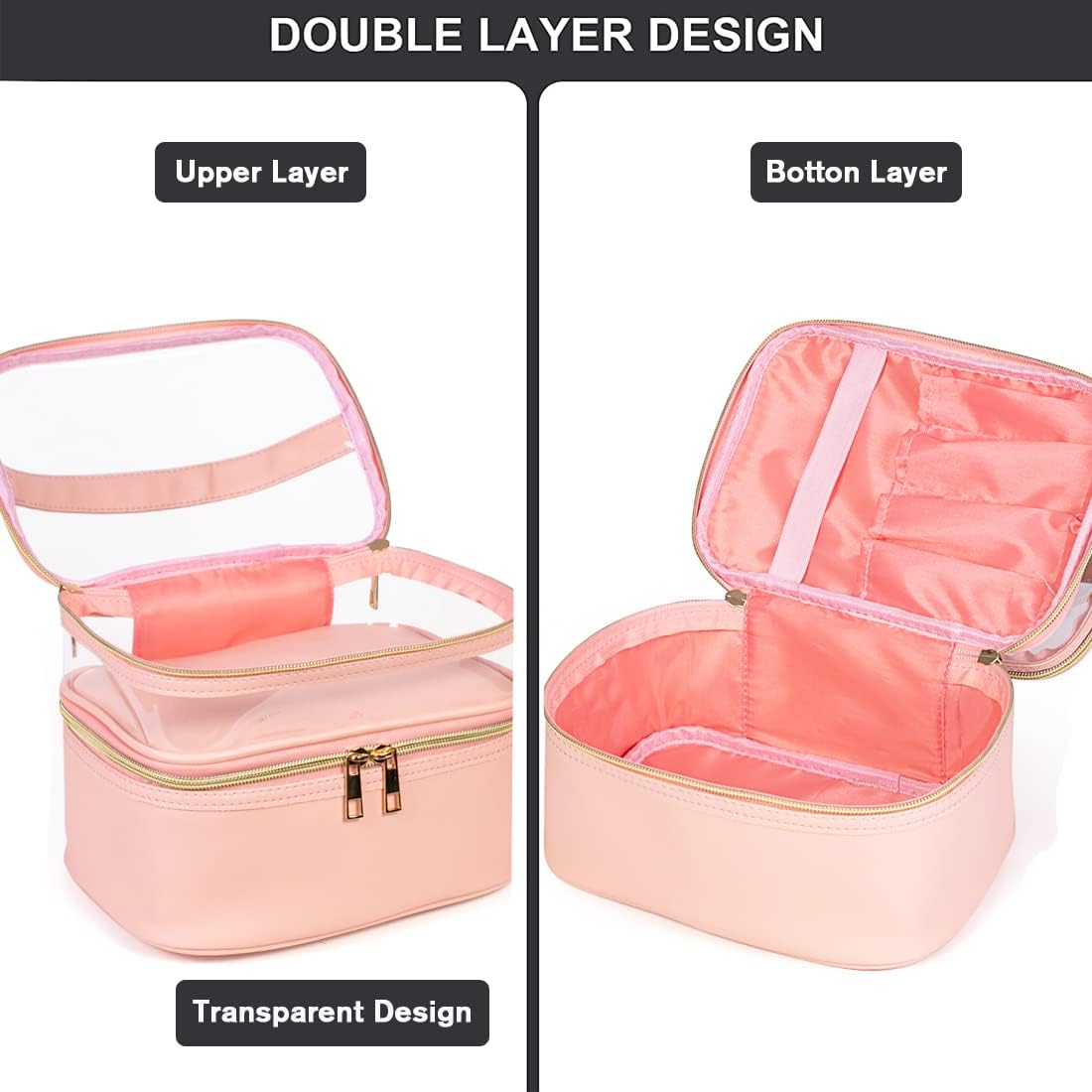 FITINI Makeup Bags Double Layer Travel Storage Cosmetic Cases Make up Organizer Toiletry Bags Water-resistant for Women Makeup Brush Bag,Light Pink