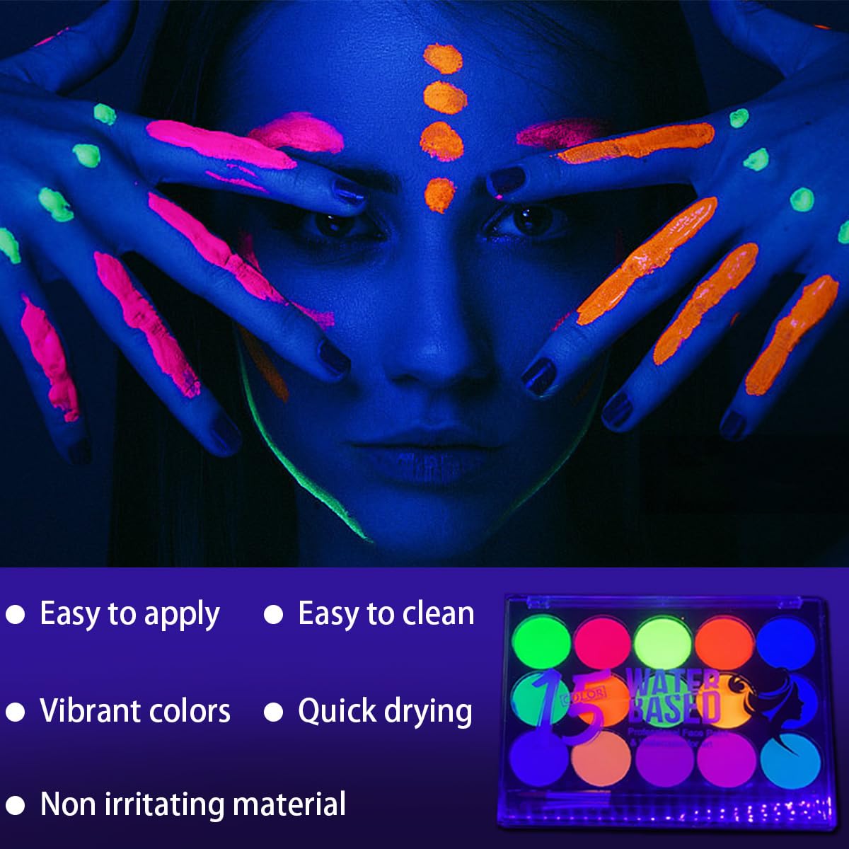 Glow UV Blacklight Face Paint,Neon Fluorescent Body Painting Palette,Water Activated Makeup Eyeliner,Water Based Glow In The Dark Party Halloween Washable for Adult Body Paint Set (15 color)