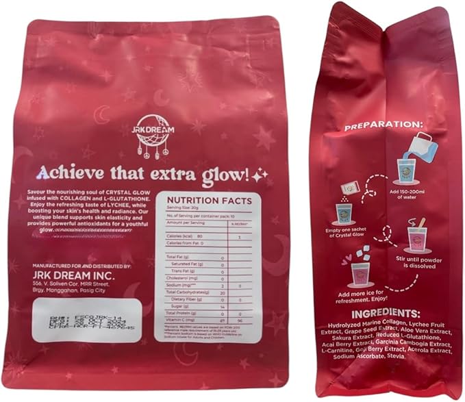 Crystal Glow Hydrolyzed Marine Collagen Mix with Glutathione & Lychee Extract, 10 Sachets