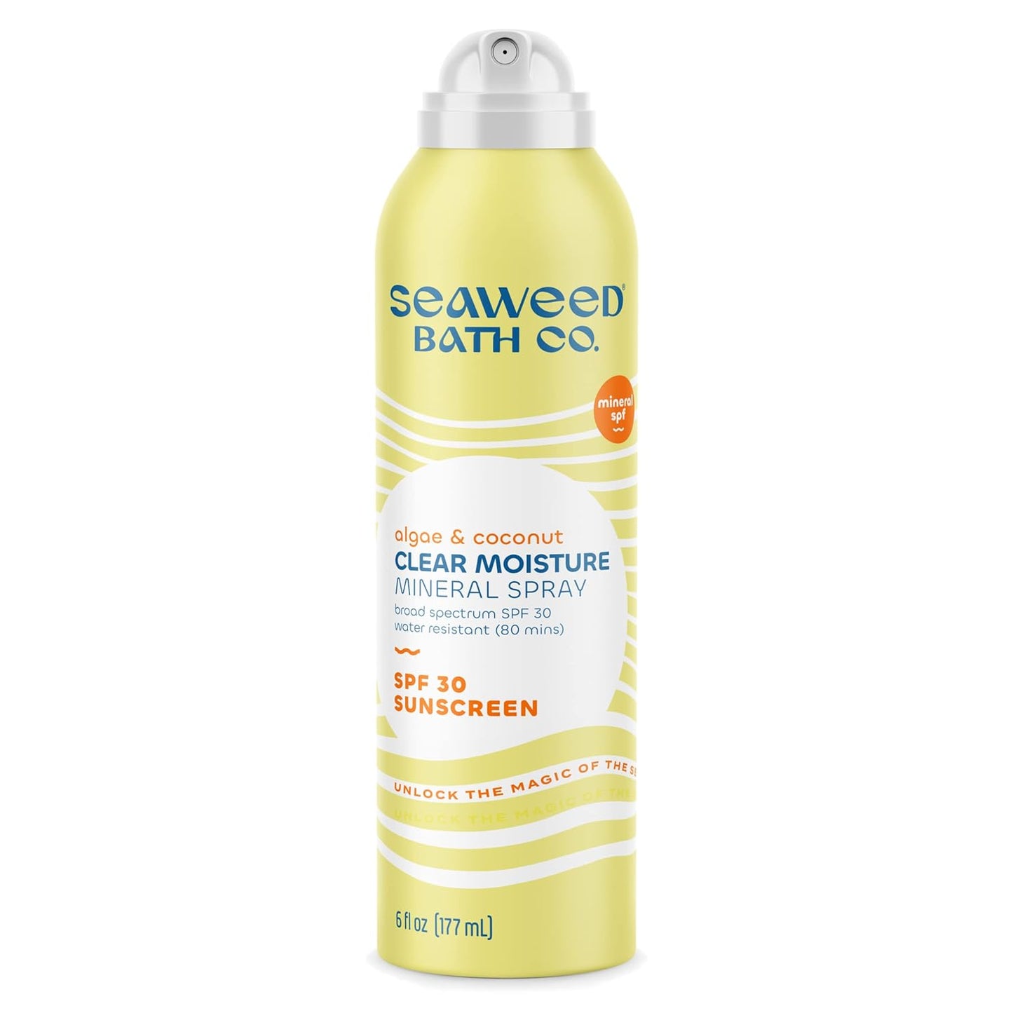 Seaweed Bath Co. Clear Moisture Mineral SPF 30 Broad Spectrum Sunscreen Spray, 6 Ounce, Sustainably Harvested Seaweed, Algae, Coconut