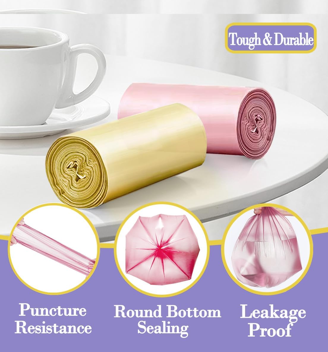 3 Gallon 180pcs Small Pink Trash Bags(Fit 2.6-3.2 Gal) Plastic Strong Pink Garbage Bags, Bathroom Trash Can Bin Liners, Waste Basket Liner, Fit 10-13 Liter, 2.5-2.6 Gallon,3.2Gallon(3-Pink180)