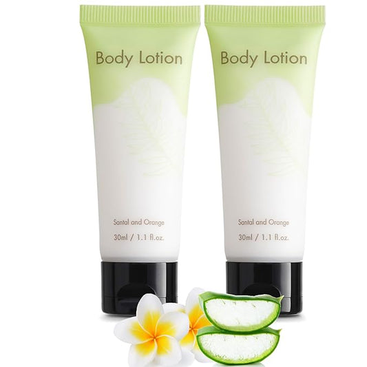 Leak-Proof Travel Size Body Lotion 1.1 Fl.oz/ 30 ml Each 100PCS Bulk Pack Hotel Body Lotion Santal and Orange Scent Amenities and Toiletries for Hospitality