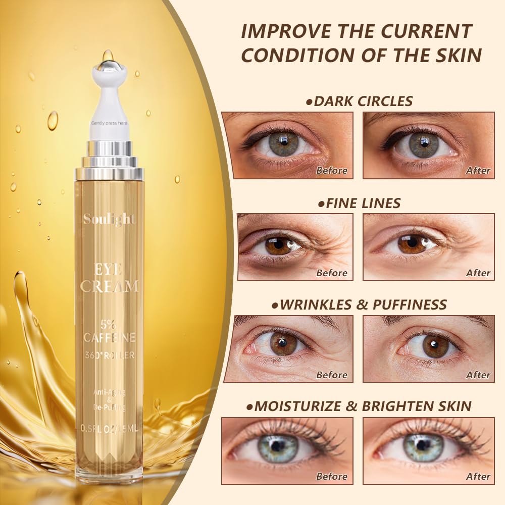 Soulight 5% Caffeine Eye Serum for Dark Circles, Eye Cream Anti Aging Puffiness & Wrinkles - Brightening Under Eyes Treatment with Hyaluronic Acid & Niacinamide - Hydrating & Firming