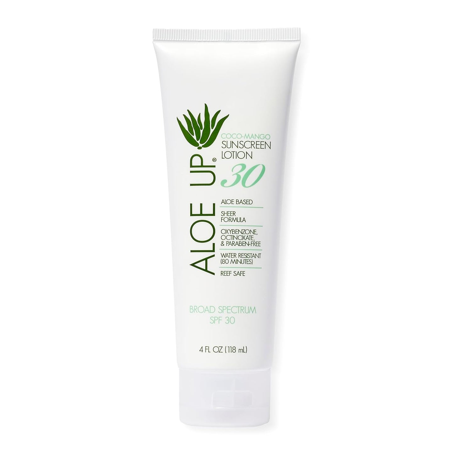 Aloe Up White Collection Sunscreen Lotion SPF 30 - Broad Spectrum UVA/UVB Sunblock for Face and Body - With Aloe Vera Gel - Alcohol-Free - Reef-Friendly - Coco-Mango Fragrance - 4 Oz