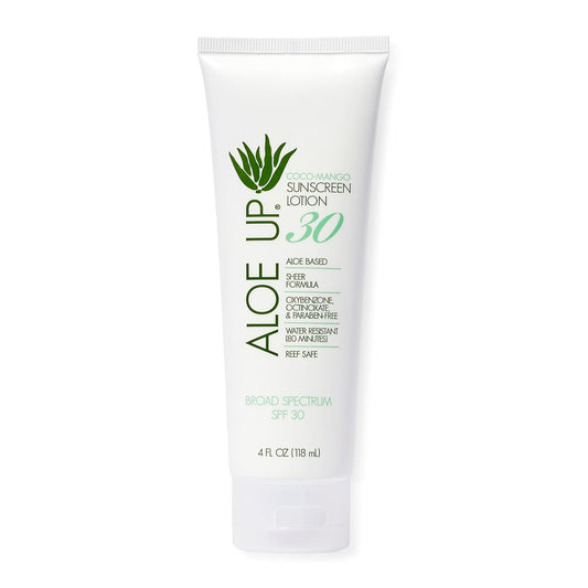 Aloe Up White Collection Sunscreen Lotion SPF 30 - Broad Spectrum UVA/UVB Sunblock for Face and Body - With Aloe Vera Gel - Alcohol-Free - Reef-Friendly - Coco-Mango Fragrance - 4 Oz
