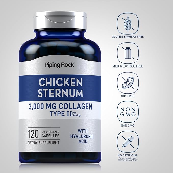 Piping Rock Chicken Sternum Type II Collagen Supplement | 3000mg | 120 Capsules | with Hyaluronic Acid | Non-GMO, Gluten Free