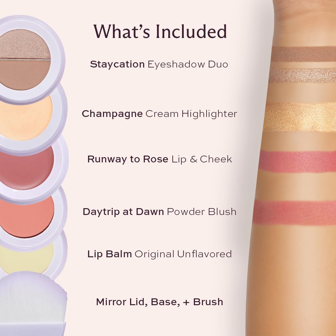 Subtl Staks 5-in-1 Travel Makeup Kit by Subtl Beauty - Eyeshadow Duo, Powder Blush, Cream Highlighter, Lip and Cheek, Lip Balm - Free Travel Mirror and Brush - Stackable Makeup for Travel