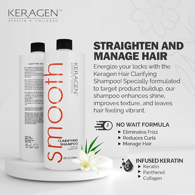 Keragen Hair Combo: Mask (8 Oz) + Clarifying Shampoo (32 oz) - Deep Conditioning, Repairs, Frizz-Free, Infused with Keratin, Panthenol, Collagen, Jojoba Oil