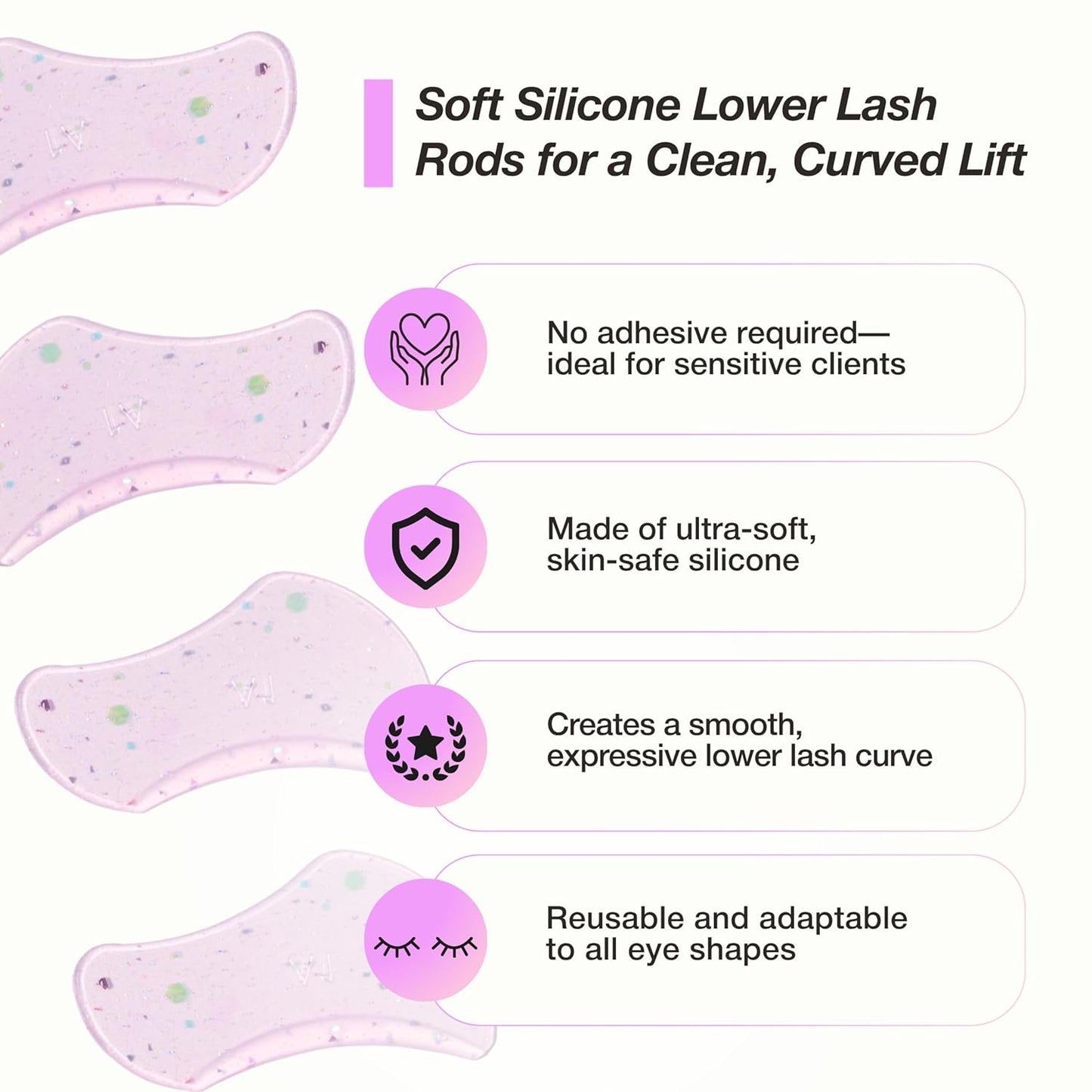 Curacoro Lower Lash Lift Shields, 4 Pcs Lash Lift Pads Self Adhesive, Bottom Eye Rods for Lifting and Curling, Reusable Silicone Tools for Eyelash Perm Lamination