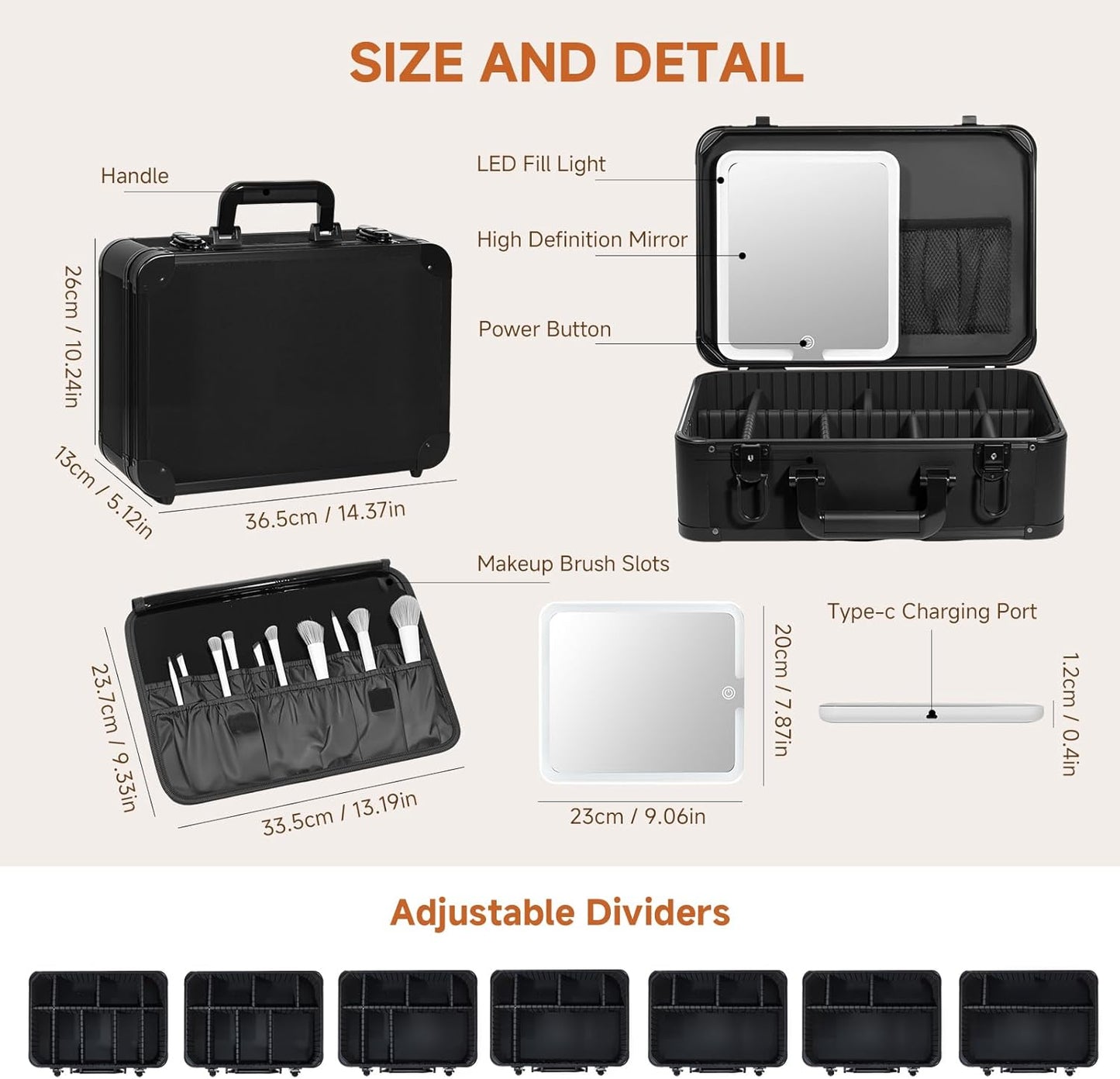 15"x11" Makeup Case with Lighted Mirror & Brush Holder - Waterproof Travel Organizer, Customizable Storage, Rechargeable LED Vanity for Women (black)