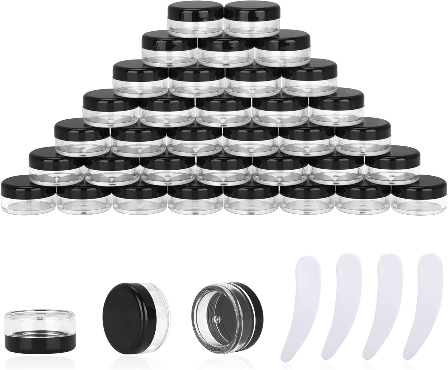 50PCS 3 Gram Sample Containers, 3ml Empty Jars with Lids, Small Cosmetic Containers, Mini Sample Jars with 4PCS Mini Spatulas for Make Up, Oils, Lotion, Powder, Paint, Jewelry, Lip Balms(Black Lid)