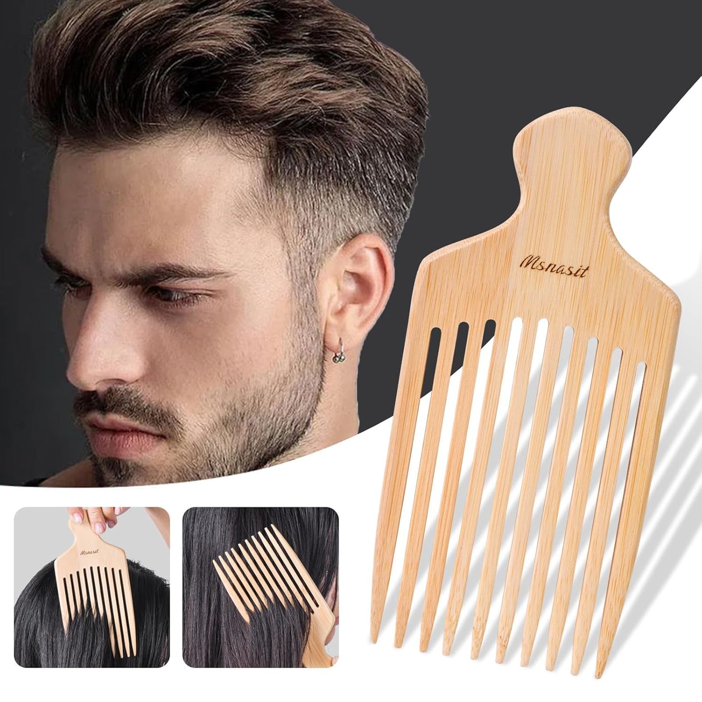 Bamboo Hair Pick for Curly Hair, Premium Wooden Wide Tooth Detangling Comb with Ergonomic Handle, Natural Volume & Styling Tool for Men Women, Fine or Thick Beard Pick