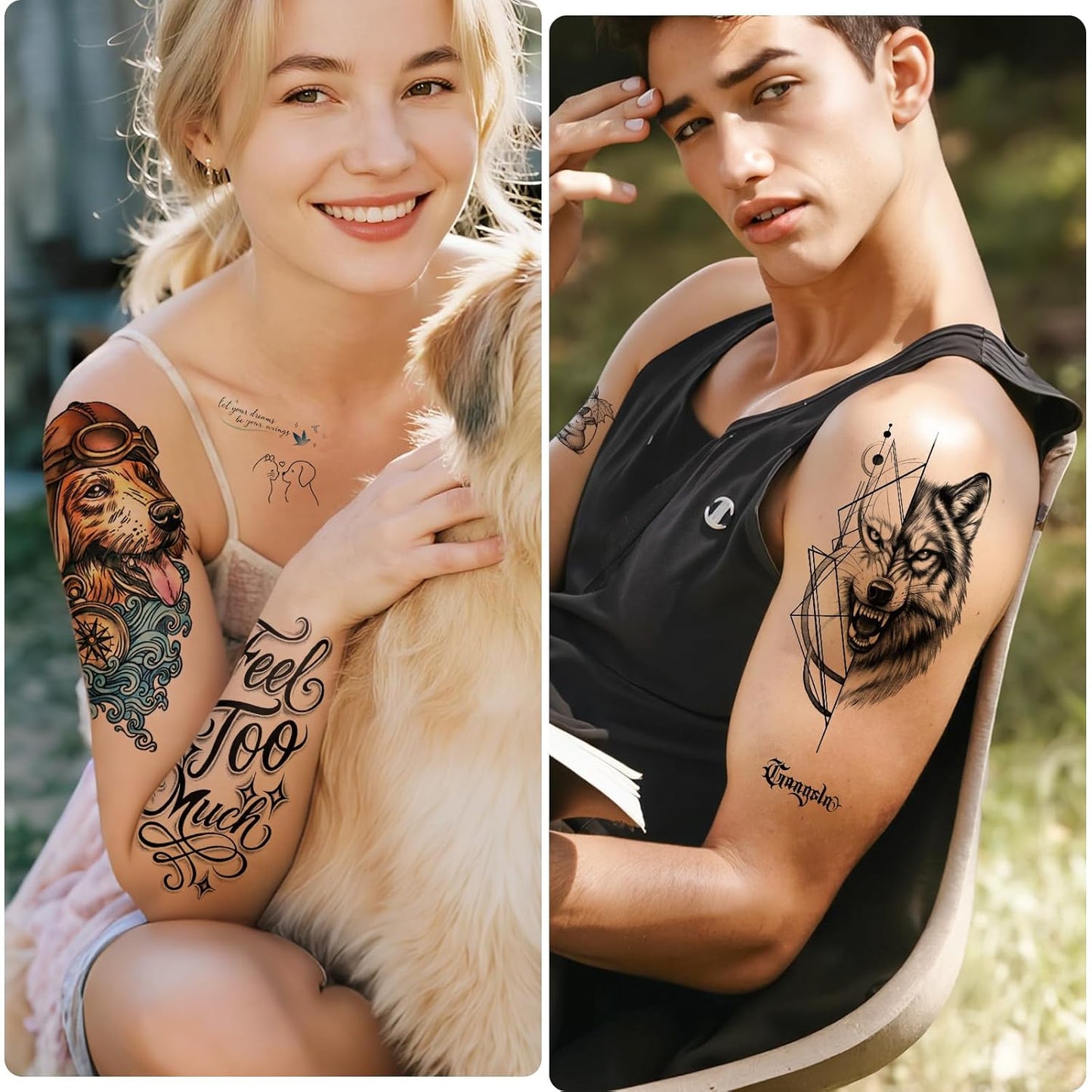 77 Sheets Temporary Tattoo, 17 Sheets Half Arm Cute Cat Dog Rabbit Lion Elephant Chest Tattoos for Adults Men Women, 60 Sheets Small Tattoos Stickers for Boys Girls Kids Body Art