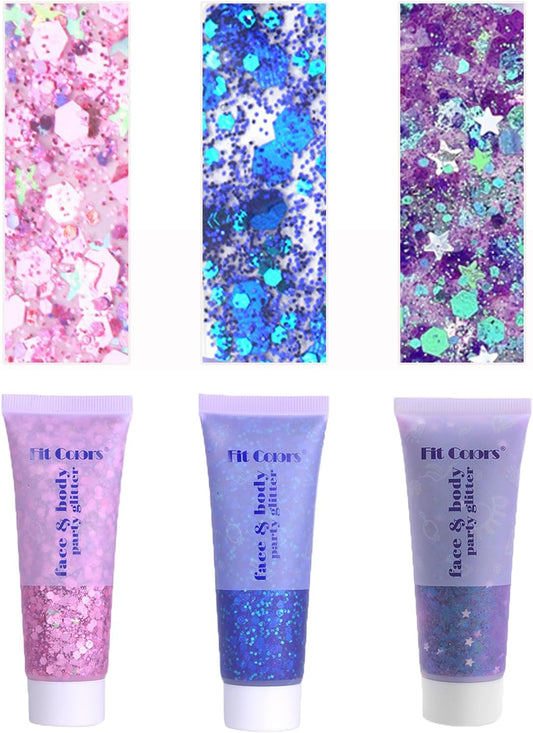 Face Body Glitter, Hair Glitter Sparkles Chunky Face Glitter Gel for Girls Makeup Singer Concerts Mermaid Festival Sequins Face Paint (Pink+Blue+Purple)