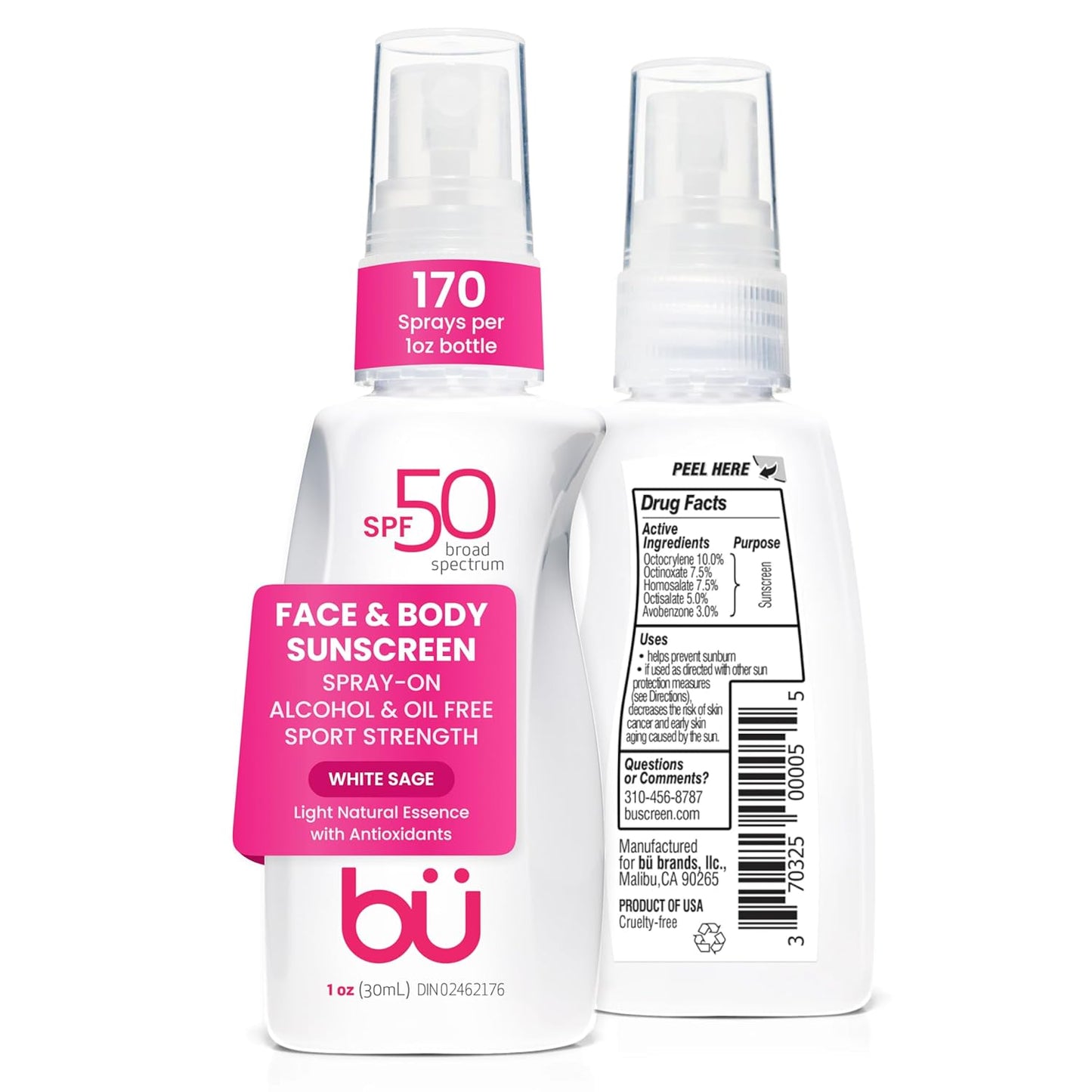 BU SPF 50 Sunscreen Spray for Face and Body, TSA Travel Size Sunscreen, Clear, Non Greasy, Water Resistant, for Sensitive Skin, White Sage 1 oz