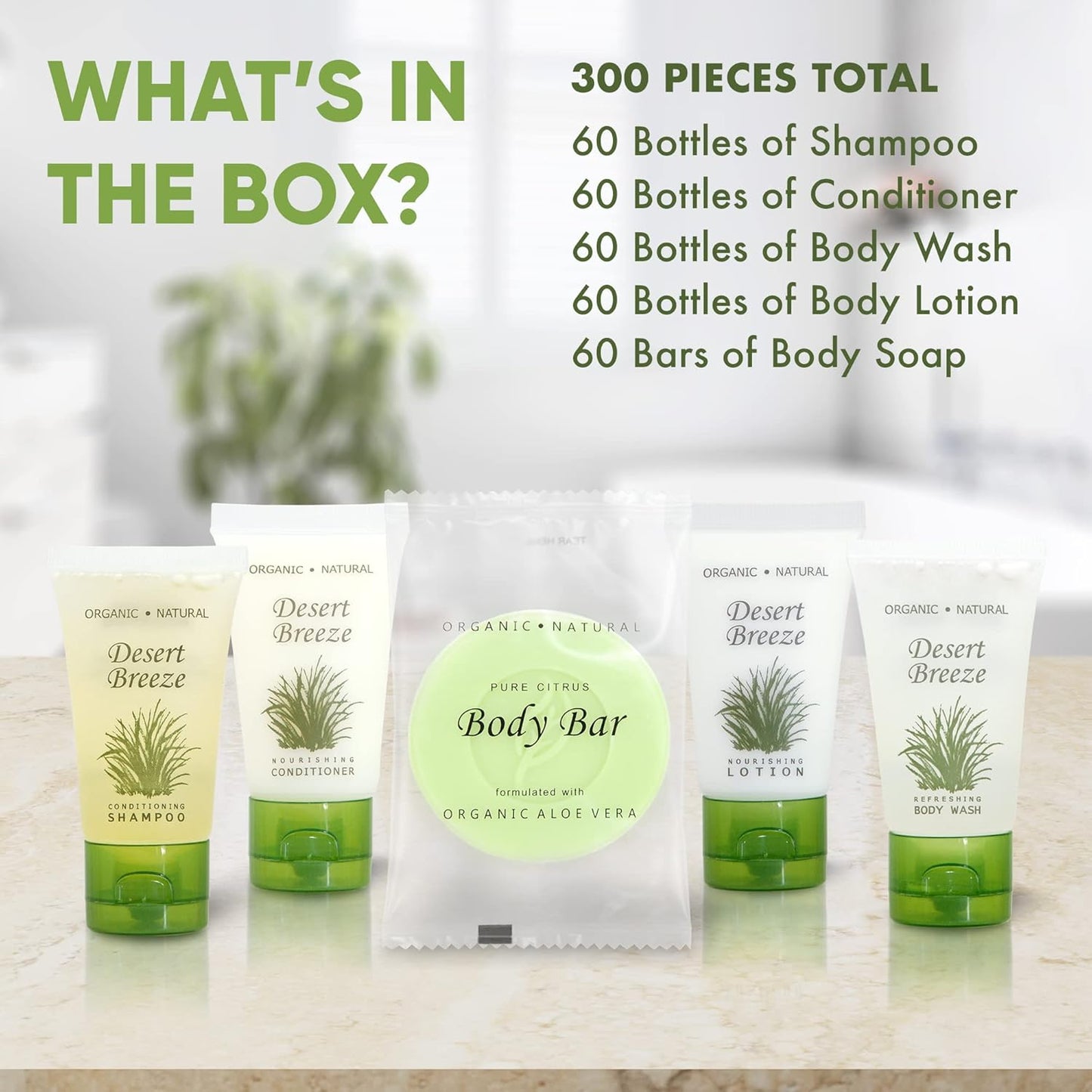 Desert Breeze Hotel Soaps & Toiletries Bulk Set | 1-Shoppe Amenities Kit | 1oz Shampoo & Conditioner, Body Wash, Lotion, Bar Soap | Travel Size | 300 Pieces