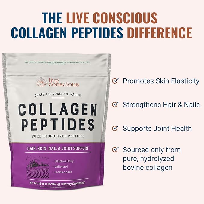 Live Conscious Collagen Peptides Powder - Naturally-Sourced Hydrolyzed Collagen Powder - Hair, Skin, Nail, and Joint Support - Type I & III Grass-Fed Collagen Supplements for Women and Men - 16oz