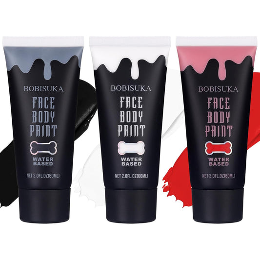 BOBISUKA Black + White + Red Face Body Paint Kit, Water Based Face Painting for Halloween Clown Skeleton Joker Zombie Mime Sugar Skull Makeup for Women Adults, Non-Toxic Washable