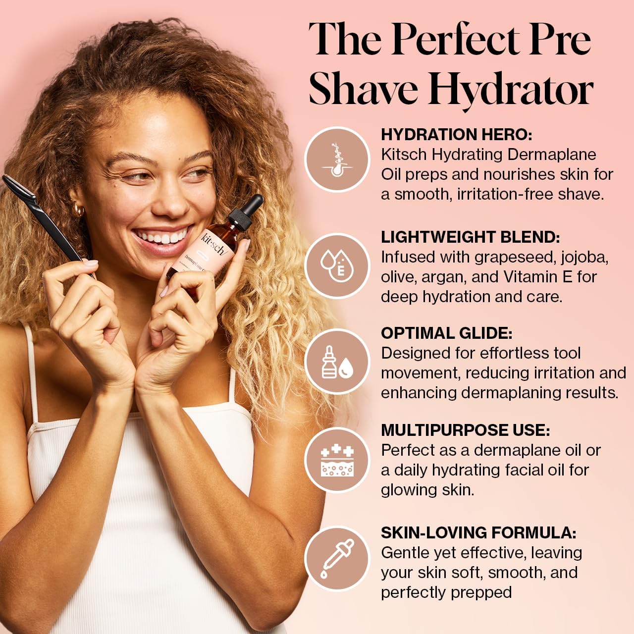 Kitsch Dermaplane Face Oil with Jojoba & Argan Oil – Hydrating Facial Formula for Dermaplaning Tool, Gua Sha & Razor Use – Irritation-Free Shave Oil for Soft, Radiant Skin – 2oz