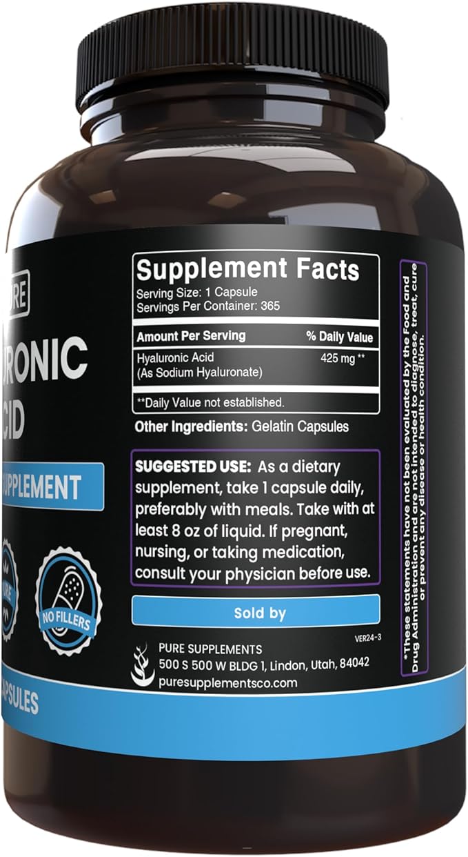 Pure Original Ingredients Hyaluronic Acid (365 Capsules) No Magnesium Or Rice Fillers, Always Pure, Lab Verified