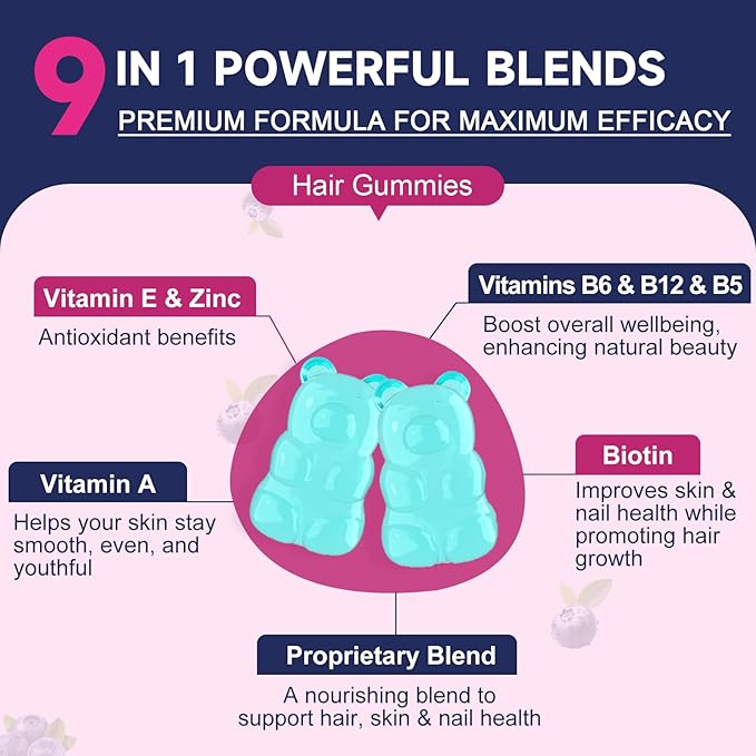 Biotin Gummies for Hair Skin and Nails -Hair Vitamins with Biotin, Zinc, Vitamin A, B6, B12, D3 & More - Support Healthy Skin, Hair Growth, Stronger Nails for Women and Men - 90 Blueberry Gummies