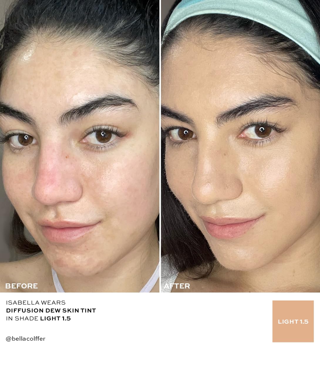 MAKE Beauty Diffusion Dew Skin Tint. Sheer to Medium Coverage Radiant Finish. Blurring, Smoothing, and Brightening. Enhanced with Niacinamide and Adenosine. Diffusion Dew - Light 01.5