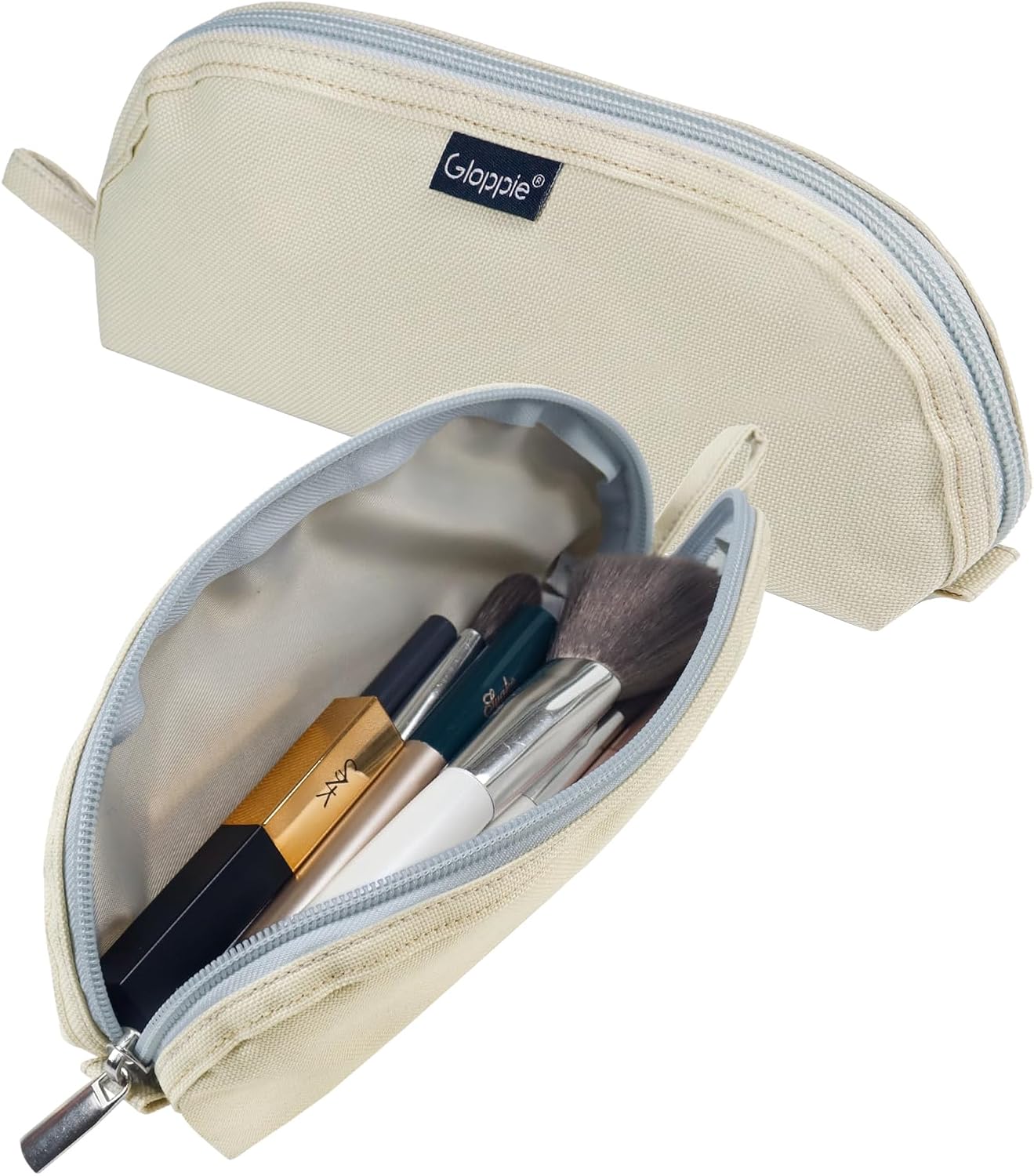 Gloppie Travel Makeup Brush Holder Portable Makeup Brush Traveling Case with Pouch - Small Cosmetic Pouch & Organizer for On-the-Go Beauty, Off White