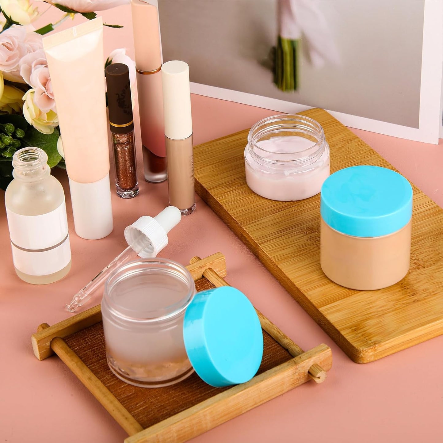 Patelai 4 Pieces Round Wide-mouth Leak Proof Plastic Container Jars with Lids for Travel Storage Makeup Beauty Products Face Creams Oils Salves Ointments DIY Making(2 Ounce,Blue)