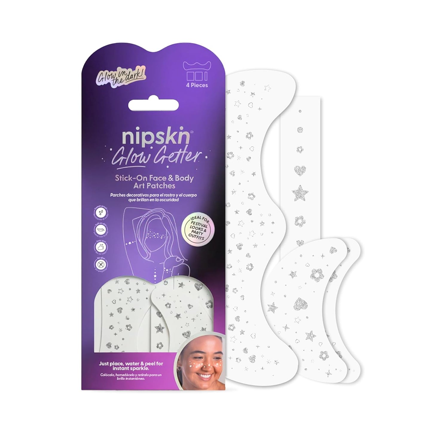 Nipskin Glow Getter Stick-On Face & Body Art Patches – Glow-in-the-Dark Stars & Hearts – Sweat-Proof, Soft on Skin – 4 Pieces