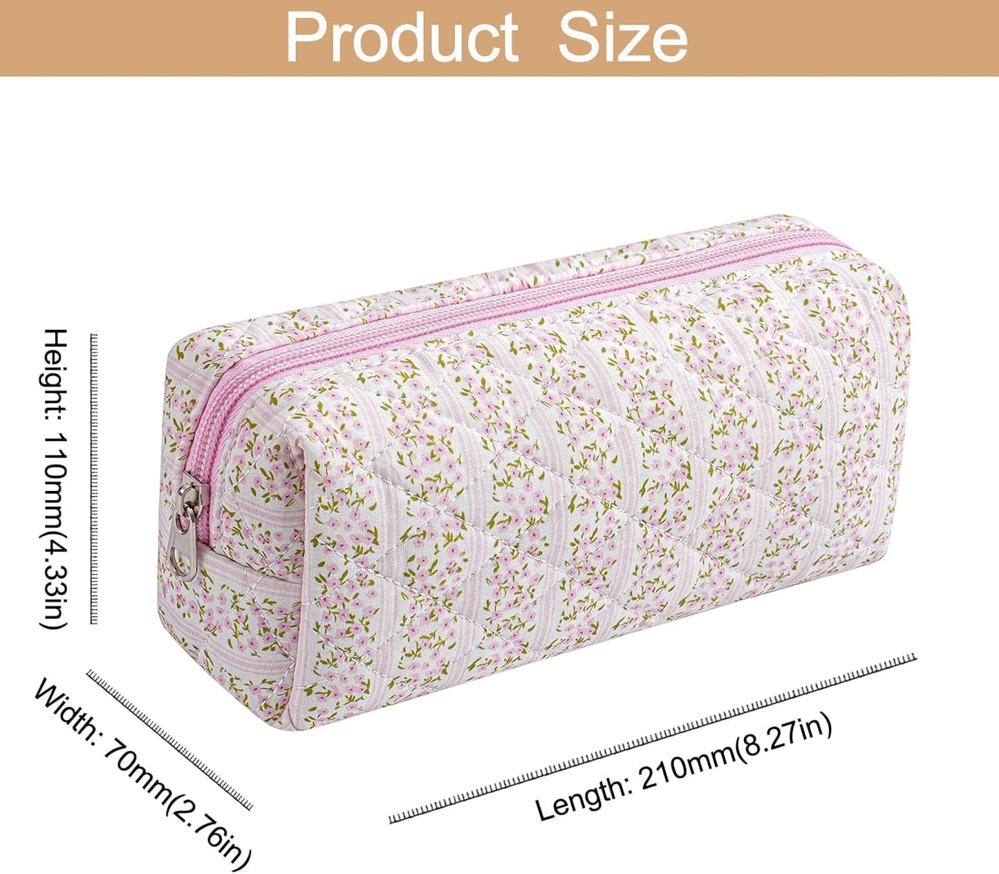 Cute Floral Cotton Makeup Brush Cosmetic Bag for Women, Travel Quilted Zipper Make Up Bag, Flowers Toiletry Organizer Case Kawaii Makeup Cosmetic Travel Cloth Pouch (Pink+Pink Bow Tie)